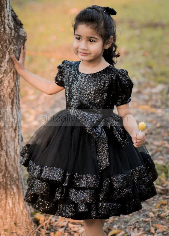 Short Puffy Sleeves Black Sequin Tulle Shimmering Layered Flower Girl Dress Short Puffy Sleeves Black Sequin Tulle Shimmering Layered Flower Girl Dress